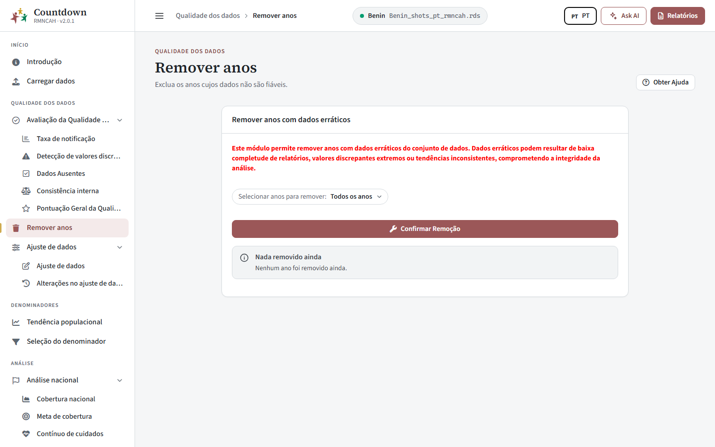 Ecrã Remover anos para excluir anos pouco fiáveis
