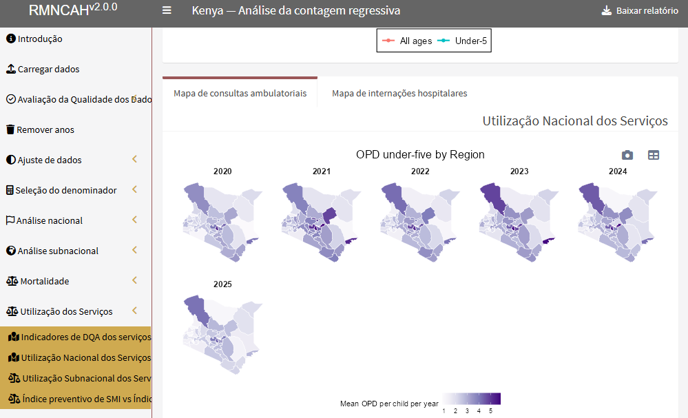Mapa das visitas OPD por criança menor de 5 anos por ano, por região